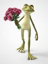 3D rendering of romantic cartoon frog holding a bouquet of roses