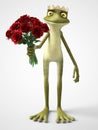 3D rendering of romantic cartoon frog prince holding a bouquet o