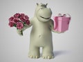 3D rendering of romantic cartoon hippo.
