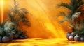 3d rendering of a room with two palm trees and some abstract rocks on the floor