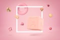 3d rendering of rose pink ABC block, square white frame, and different geometric objects floating here and there on