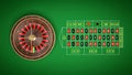 3d rendering of a roulette placed on an endless green surface with a classic betting grid.