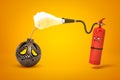 3d rendering of round bomb with sad cartoon face, its fuse being doused by red fire-extinguisher with sulky cartoon face