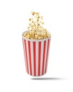 3d rendering of a round striped popcorn bucket hanging in the air with popcorn flying out of it.