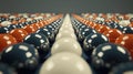 A 3D rendering of a row of spheres in red, white, and blue, arranged in a grid-like pattern.