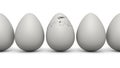 3D rendering of a row of white eggs, image isolated on a white background. The Central egg burst with cracks in the upper part. Royalty Free Stock Photo