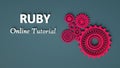 3d rendering of Ruby online tutorial with pink gears on gray background. Place for text. Programming tutorial. Coding concept. Royalty Free Stock Photo