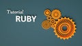 3d rendering of Ruby tutorial with orange cogwheels on gray background. Programming tutorial. Coding concept. Application Royalty Free Stock Photo