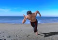3D Rendering : a running male character illustration with beach background
