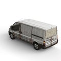 3d rendering of a rusty, dirty van parked on a white surface