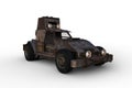 3D rendering of a rusty post apocalyptic concept car isolated on white