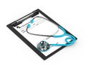 3d rendering of rx prescription and stethoscope over white