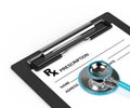 3d rendering of rx prescription and stethoscope over white