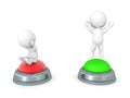 3D Rendering of sad character on red button and happy character on green button Royalty Free Stock Photo