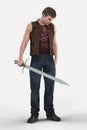 Urban Fantasy Male Character Holding a Sword and Looking Downwards