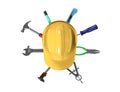 3D rendering of a safety cap with a collection of mechanical tools against a white background