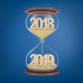 3d rendering of sandglass with `2018` sand sign in upper glass bulb and `2019` sand sign in lower glass bulb on blue