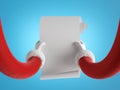 3d rendering, Santa Claus hands hold white scrolled paper, mail letter page, blank scroll, wish list mockup. Funny cartoon