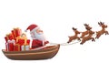 3d rendering of santa claus in a small red boat, pulled by three reindeer, carrying christmas presents Royalty Free Stock Photo