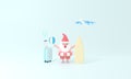 3D rendering Santa Claus on suitcase travel.magic of Summer Christmas and book a plane ticket concept. Celebrate season with
