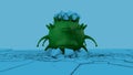 3D rendering of a scary coronavirus, a green one-eyed dragon sleeping over a blue surface with rocks on its head. The viral Troll