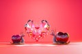 A couple of snails falling in love with a big diamond heart-shaped on a pink studio background. Royalty Free Stock Photo