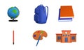 3D Rendering School Supplies Of Bag, Books, Pen, Coloring Plate And Globe Stand Over White