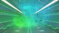 3d rendering of sci fi futuristic space corridor with neon green abstract shapes and designs on wall and flying particles