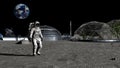 3D rendering. Sci-fi scene. The colony of the future on the moon. Astronaut walking on the moon. CG Animation. Elements of this Royalty Free Stock Photo