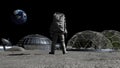 3D rendering. Sci-fi scene. The colony of the future on the moon. Astronaut walking on the moon. CG Animation. Elements of this Royalty Free Stock Photo