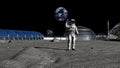 3D rendering. Sci-fi scene. The colony of the future on the moon. Astronaut walking on the moon. CG Animation. Elements of this Royalty Free Stock Photo