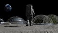 3D rendering. Sci-fi scene. The colony of the future on the moon. Astronaut walking on the moon. CG Animation. Elements of this Royalty Free Stock Photo