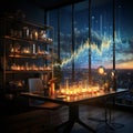 3d rendering science and technology concept with lab glassware and graph chart