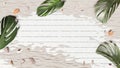 3d rendering of a screen background alluding to summer. shells and beach sand on a white painted wooden board