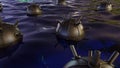 A 3D rendering of a sea mine or a naval mine placed in water and a warship.