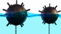 A 3D rendering of a sea mine or a naval mine placed in water and a warship.