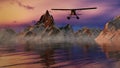 Seaplane in Glacier Lake Water surrounded by Rugged Alpine Mountain Landscape