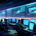3d rendering of a security guard monitoring a group of computer monitors Generative AI Royalty Free Stock Photo