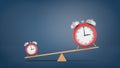 3d rendering of a seesaw with a heavier small red alarm clock and a lighter big clock on dark blue background. Royalty Free Stock Photo