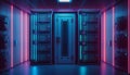 3d rendering server room or data center with blue neon lights.