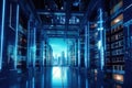 3D rendering of server room data center with bright blue lights, IT Server and modern digital fortress with digital computers, Royalty Free Stock Photo