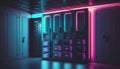 3d rendering server room with neon lights. 3d illustration.