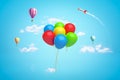 3d rendering of set of colorful balloons with hot air ballons and clouds on blue sky background. Royalty Free Stock Photo