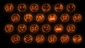 3D rendering of a set of 24 emoji with glow effects. Neon emotional signs