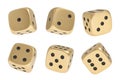 3d rendering of a set made up of nine golden game dice in different sides and angles on a white background. Royalty Free Stock Photo