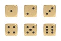 3d rendering of a set made up of nine golden game dice on a white background.