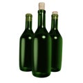 3D rendering of set of old green glass bottle with cork front view. Collectible spirits and wine. Realistic PNG illustration