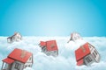 3d rendering of set of one-storeyed detached houses on layer of white fluffy clouds.