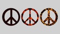 3D rendering of a set of peace symbols on different fire burn, a circle international peace icon for anti war or nuclear