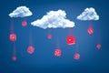 3d rendering of set of red dice falling down from three white clouds on blue background. Royalty Free Stock Photo